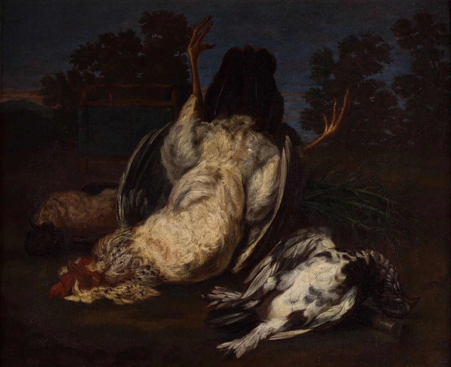 Giacomo Ceruti, il Pitocchetto - 162, Natura morta con gallina e piccioni in un paesaggio